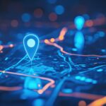 futuristic map pin location AI technology background