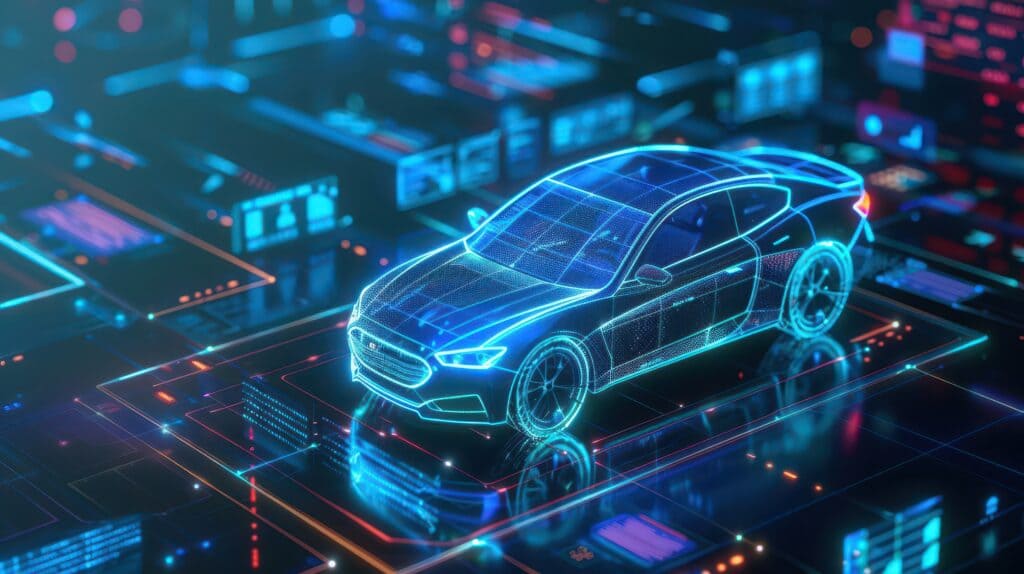 voiture-connectee-donnees-constructeurs-o-direct-ocean.jpg Illustration numérique d’une voiture connectée en 3D, représentant la collecte et l’analyse des données constructeurs pour la gestion de flotte automobile.