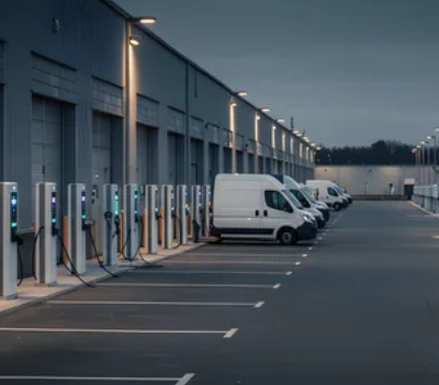 recharge-flotte-nuit-site-entreprise.webp Borne de recharge pour véhicules utilitaires électriques sur site d’entreprise, illustrant la recharge de nuit pour les véhicules attitrés.