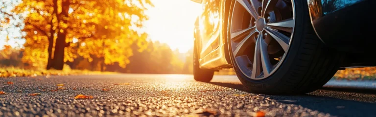 Voiture circulant sur une route bordée d’arbres en automne, symbolisant la mobilité durable et la transition énergétique des flottes de véhicules.