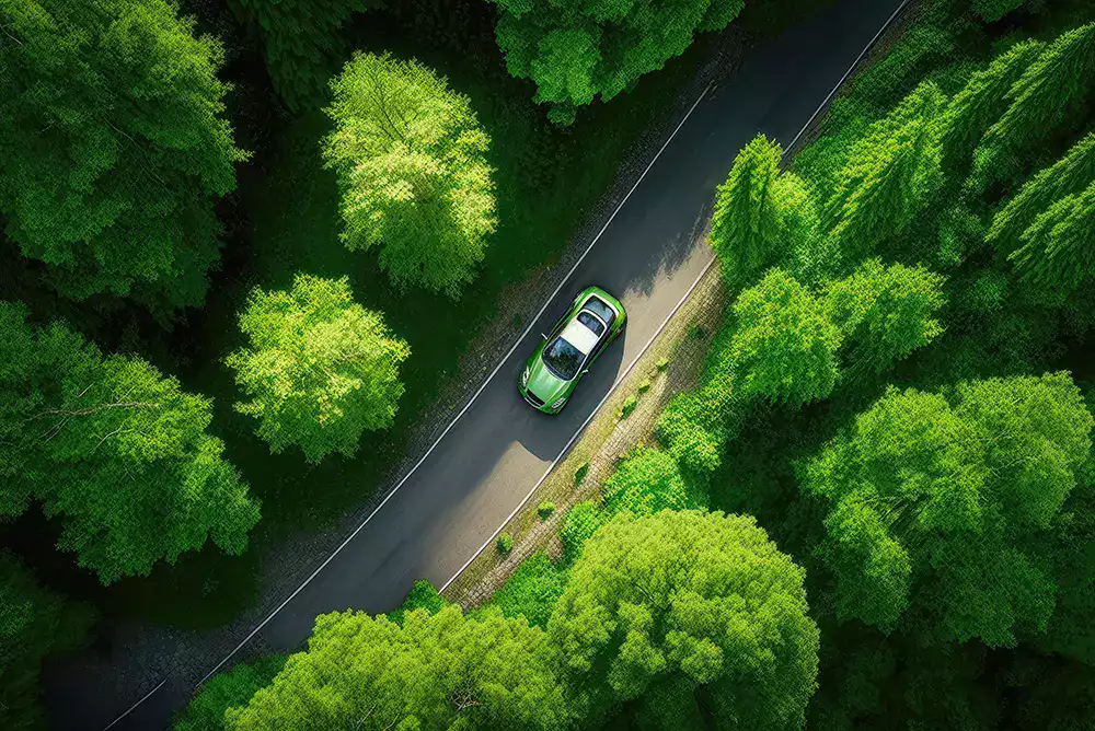 verdissement-flotte-entreprise-transition-ecologique-ocean.webp Voiture verte circulant sur une route entourée de forêt, symbolisant la transition écologique et la gestion durable des flottes d’entreprise.
