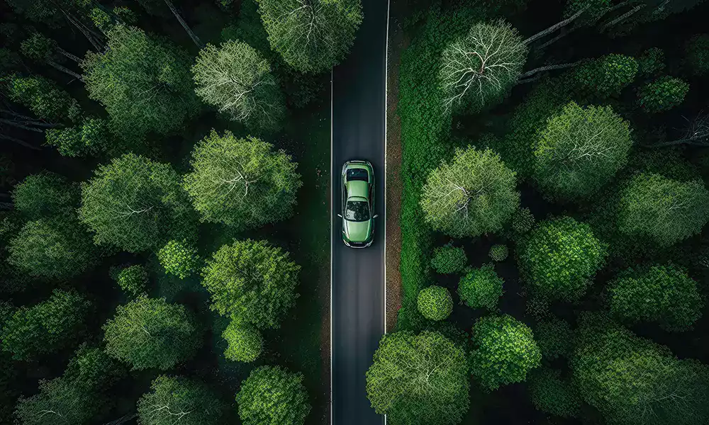 Voiture verte circulant sur une route au milieu d’une forêt, symbolisant la mobilité durable et la transition écologique.